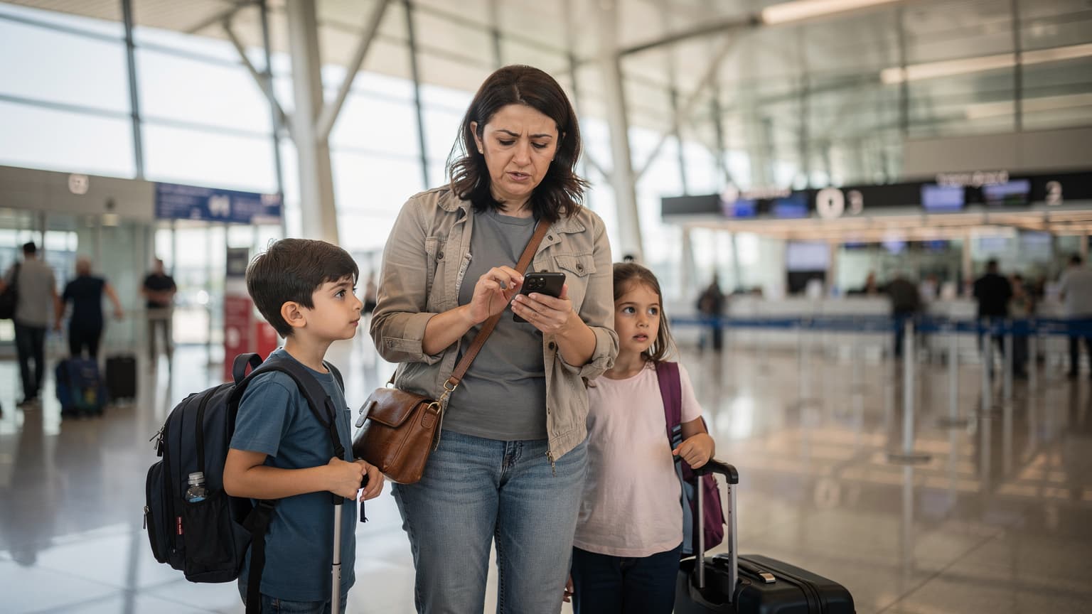İstanbul Havalimanı dış hatlar terminalinde, bir anne elindeki telefonla hız testi uygulamasını kontrol ederken, iki çocuğu ise pasaport kontrol sırası bekliyor.
