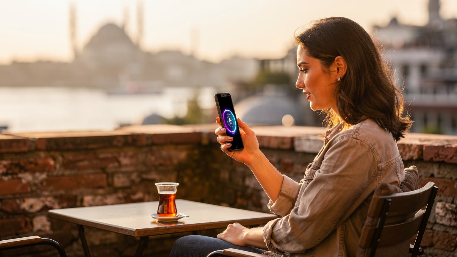 İstanbul'da tarihi bir binanın çatısında, elinde akıllı telefonuyla eSIM hız testi yapan genç bir dijital göçebe kadın.