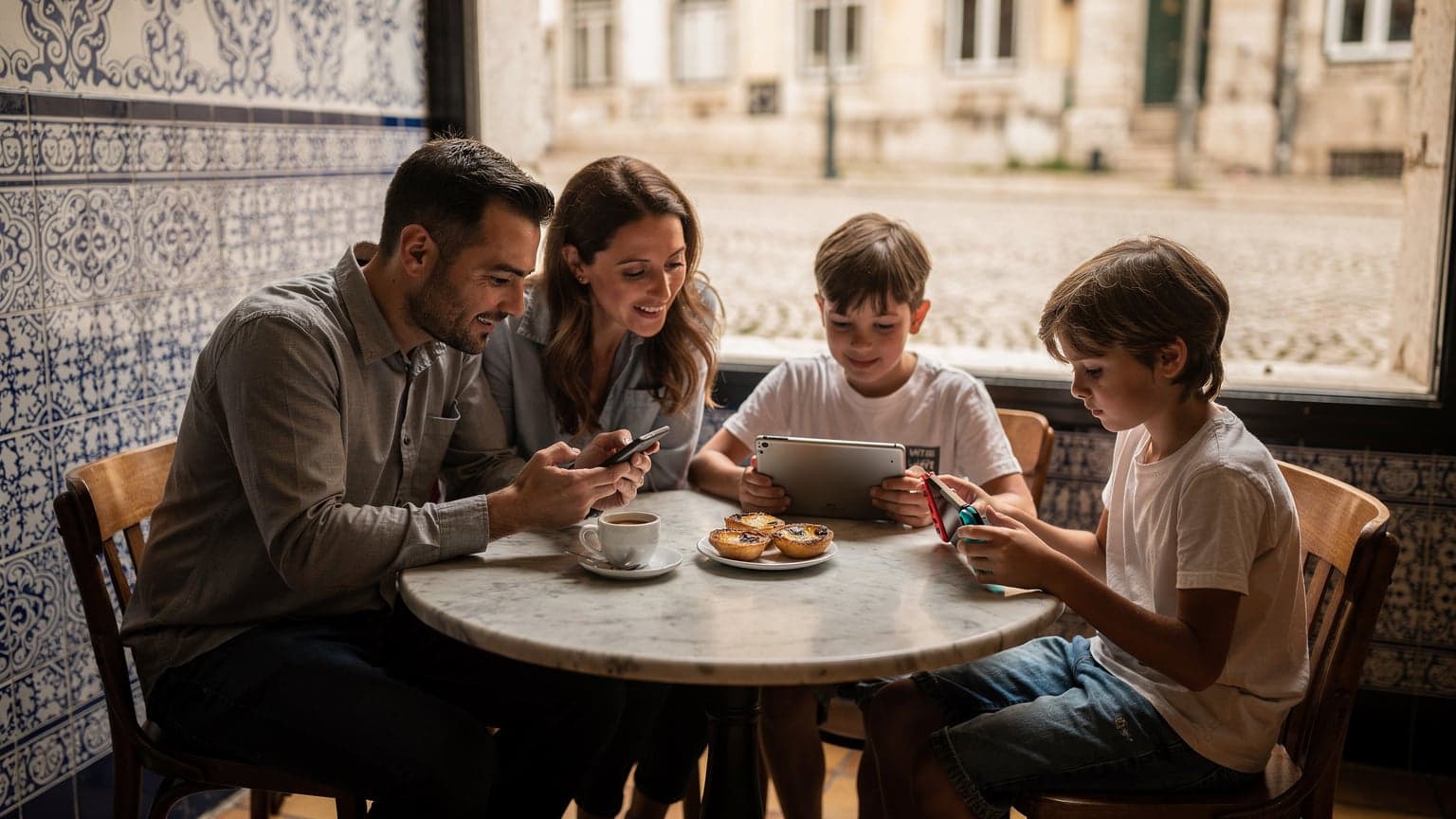 Uma família, pai, mãe e duas crianças, sentados em um café charmoso com azulejos azuis em Lisboa, Portugal. O pai segura um smartphone com a tela ligada, enquanto as crianças estão atentas aos seus tablets, todos sorrindo e relaxando. Uma bica (café expresso) e pastéis de nata estão na mesa.