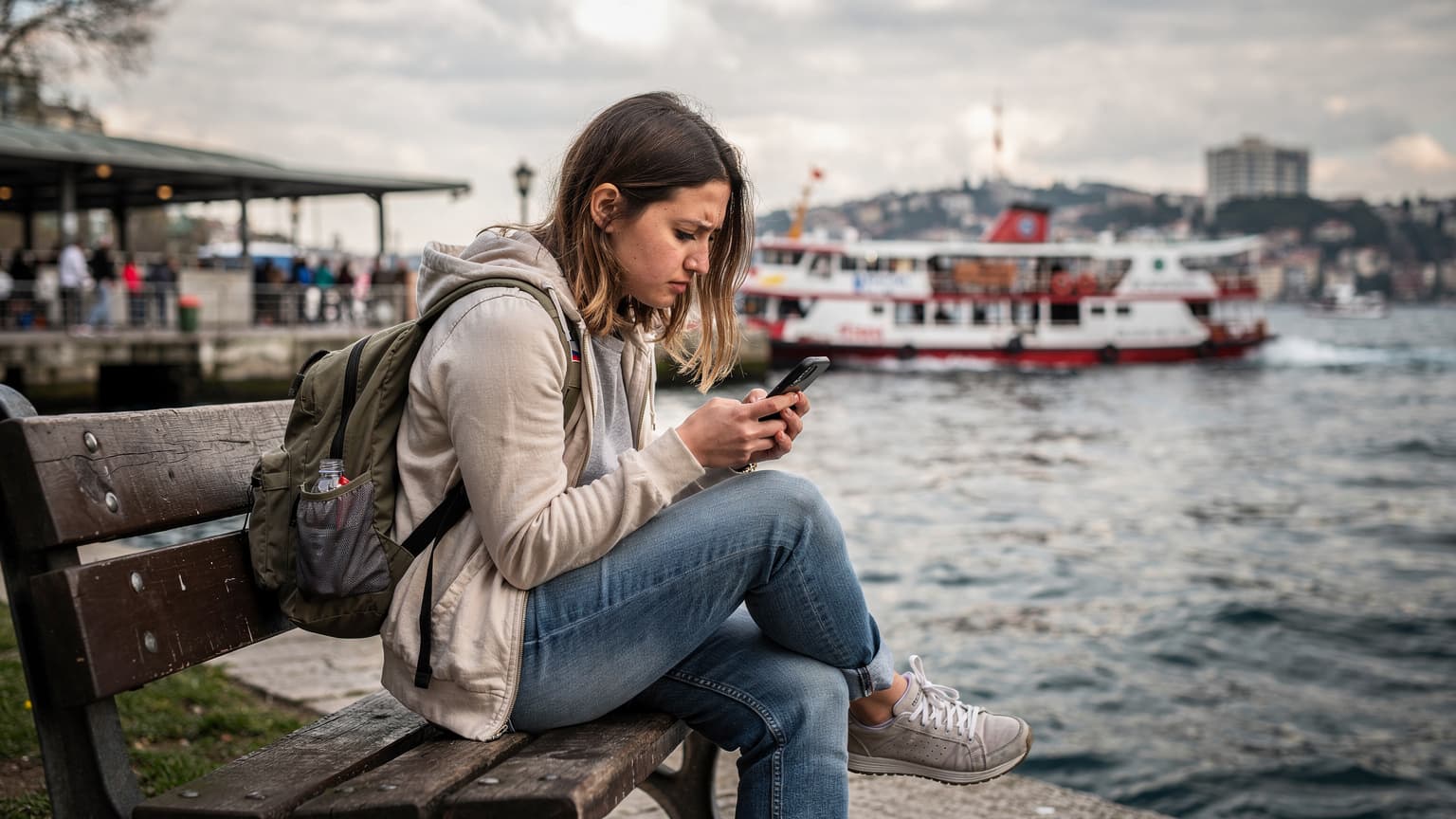 A budget backpacker checks their phone for signal while sitting on a public park bench in Kadıköy, Istanbul, with a ferry terminal visible in the background.