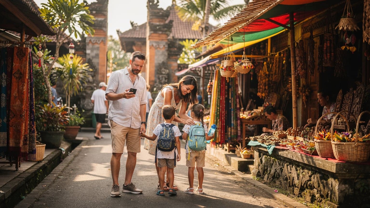 A family with two children, aged around 8 and 10, walking through a bustling street market in Ubud, Bali, with their parents. The father is checking his phone for directions while the mother holds a child's hand. Lush tropical foliage and traditional Balinese architecture are visible in the background, creating a vibrant, authentic scene.