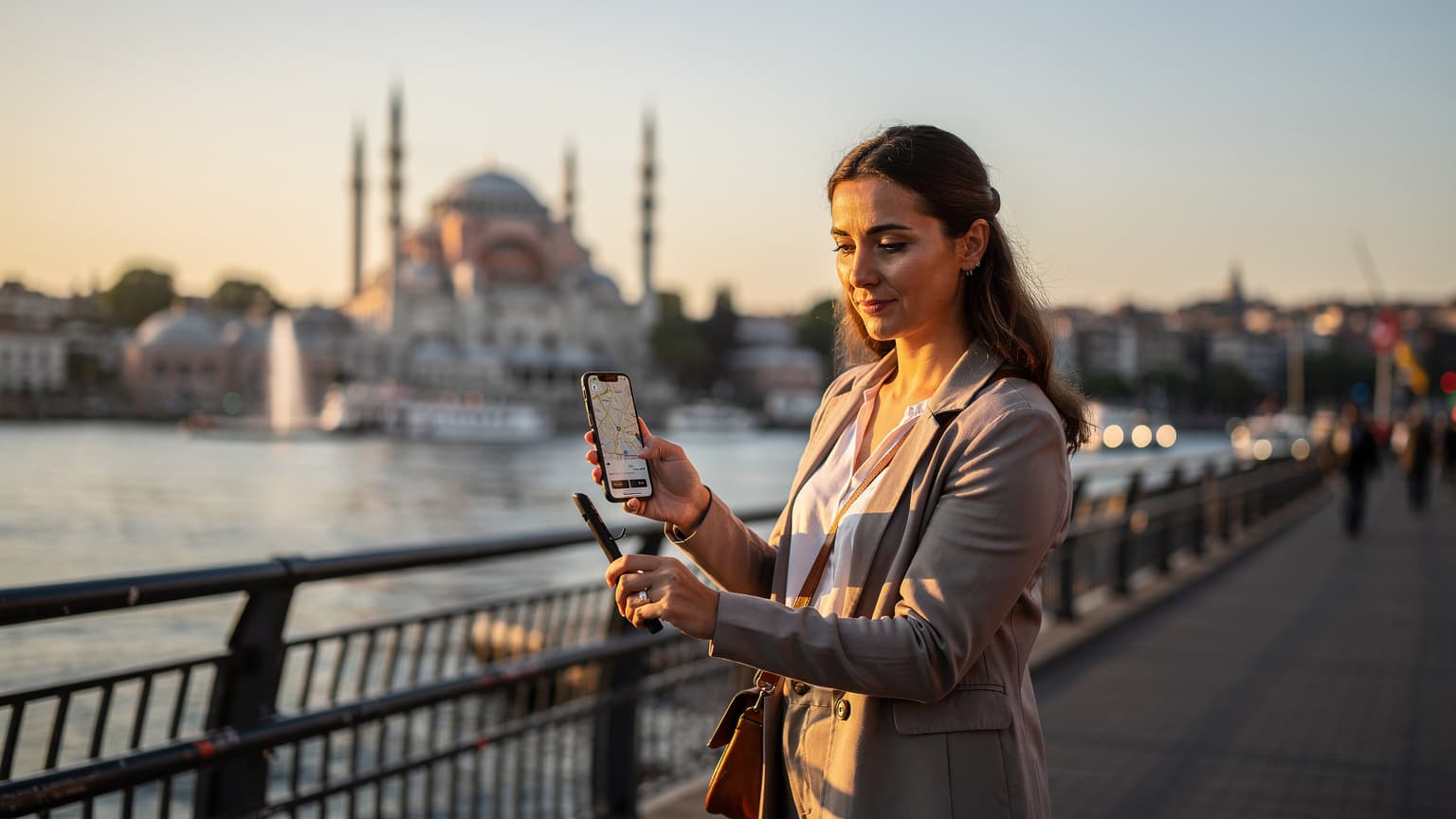 A woman confidently holds her smartphone, displaying a map of Istanbul, while standing on the Galata Bridge with the historic skyline in the background at sunset, showing a blend of ancient architecture and modern connectivity.