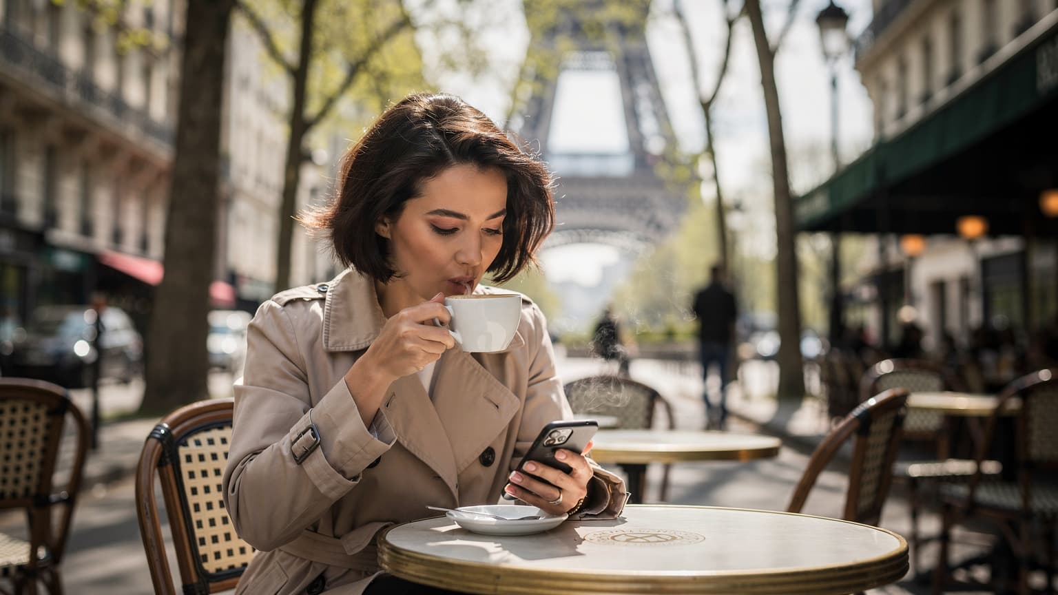 Une femme utilisant son smartphone dans un café parisien typique avec vue sur la Tour Eiffel, gérant sa connectivité de voyage.