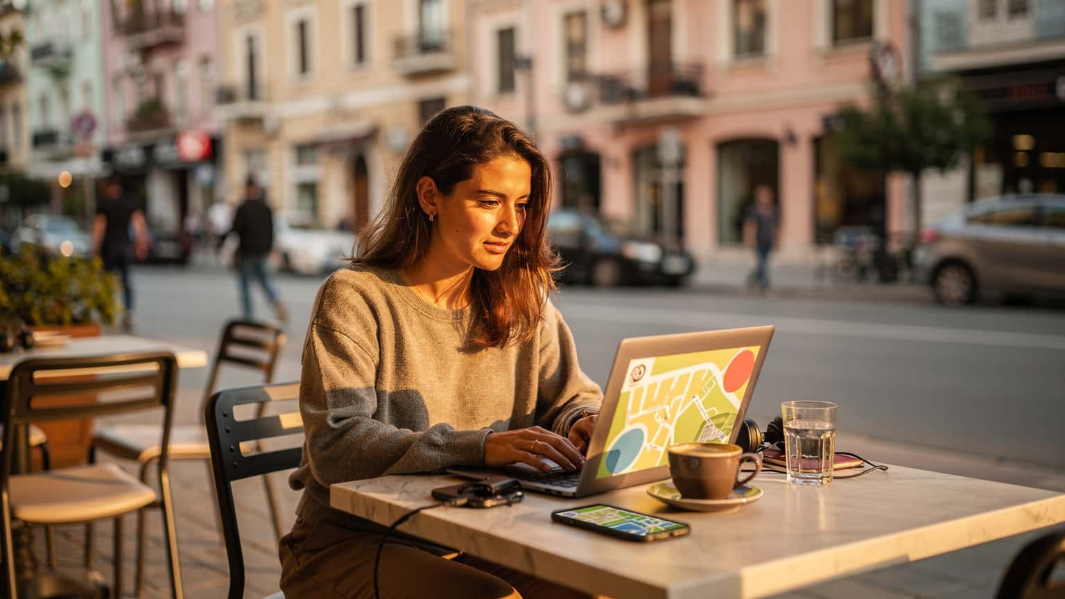 En kvinna sitter på ett kafé i Tirana, Albanien, med en laptop och en smartphone på bordet, omgiven av stadens livliga atmosfär.