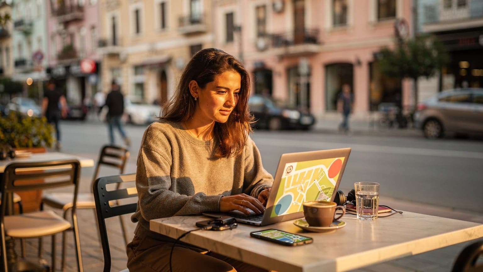 En kvinna sitter på ett kafé i Tirana, Albanien, med en laptop och en smartphone på bordet, omgiven av stadens livliga atmosfär.