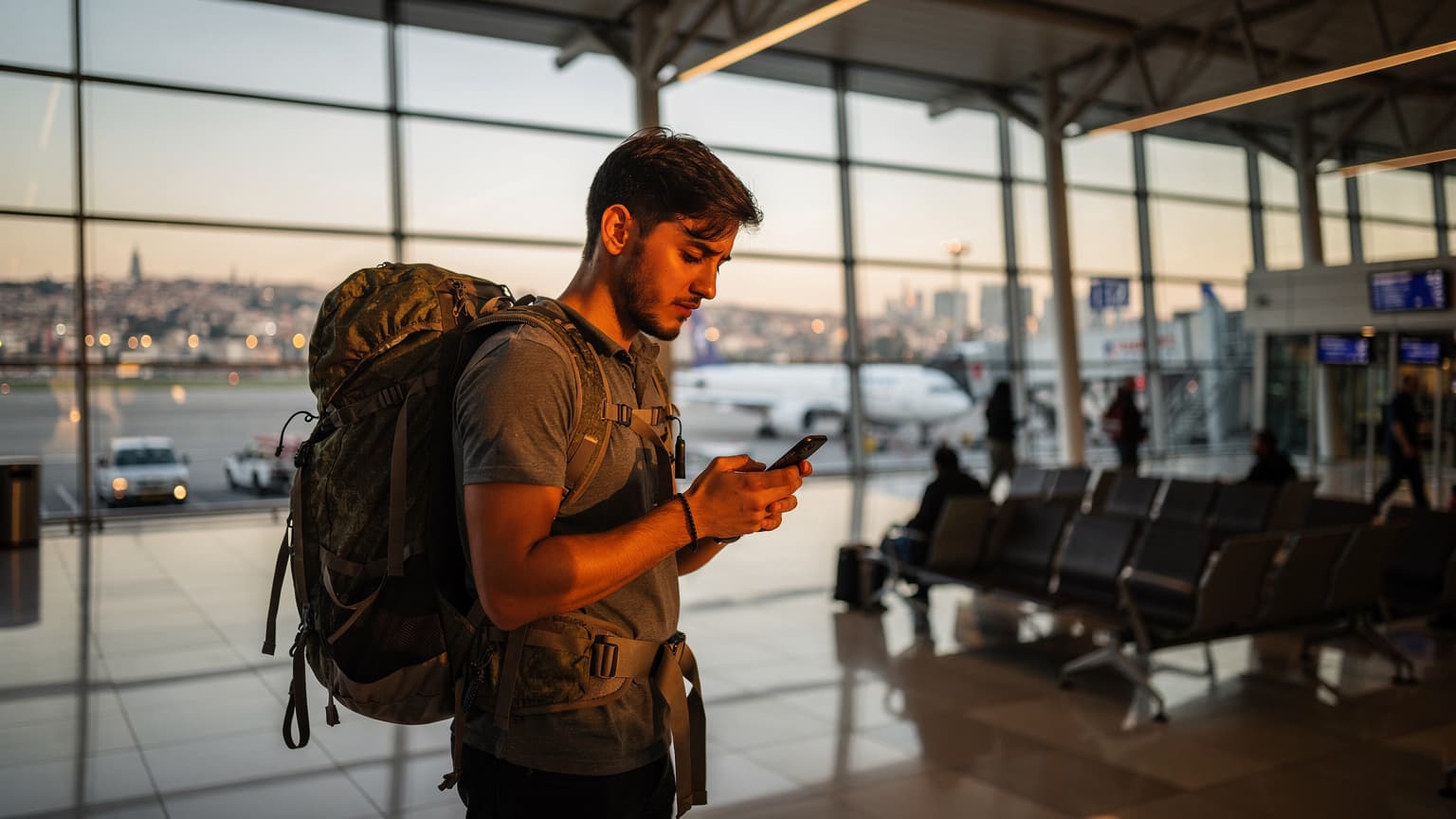 İstanbul Havalimanı dış hatlar terminalinde, pasaport kontrolünden geçmiş, elinde telefonuna bakan bir genç sırt çantalı gezgin. Güneş batarken pencereden vuran turuncu ışıklar terminali aydınlatıyor.