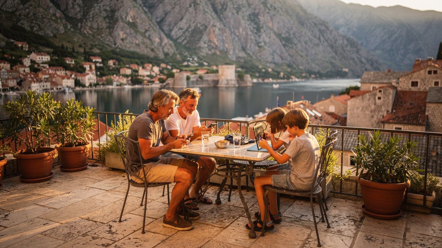Eine Familie mit zwei Kindern, etwa 8 und 11 Jahre alt, sitzt entspannt auf einer Terrasse in Kotor, Montenegro, mit Blick auf die Bucht und die Berge, während die Eltern auf ihre Smartphones schauen und die Kinder auf einem Tablet ein Spiel spielen.