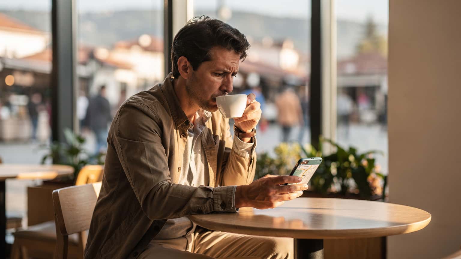 Ein Reisender sitzt in einem Café in Skopje, Nordmazedonien, und hält ein Smartphone mit einer geöffneten Karten-App in der Hand, während er einen Kaffee genießt.