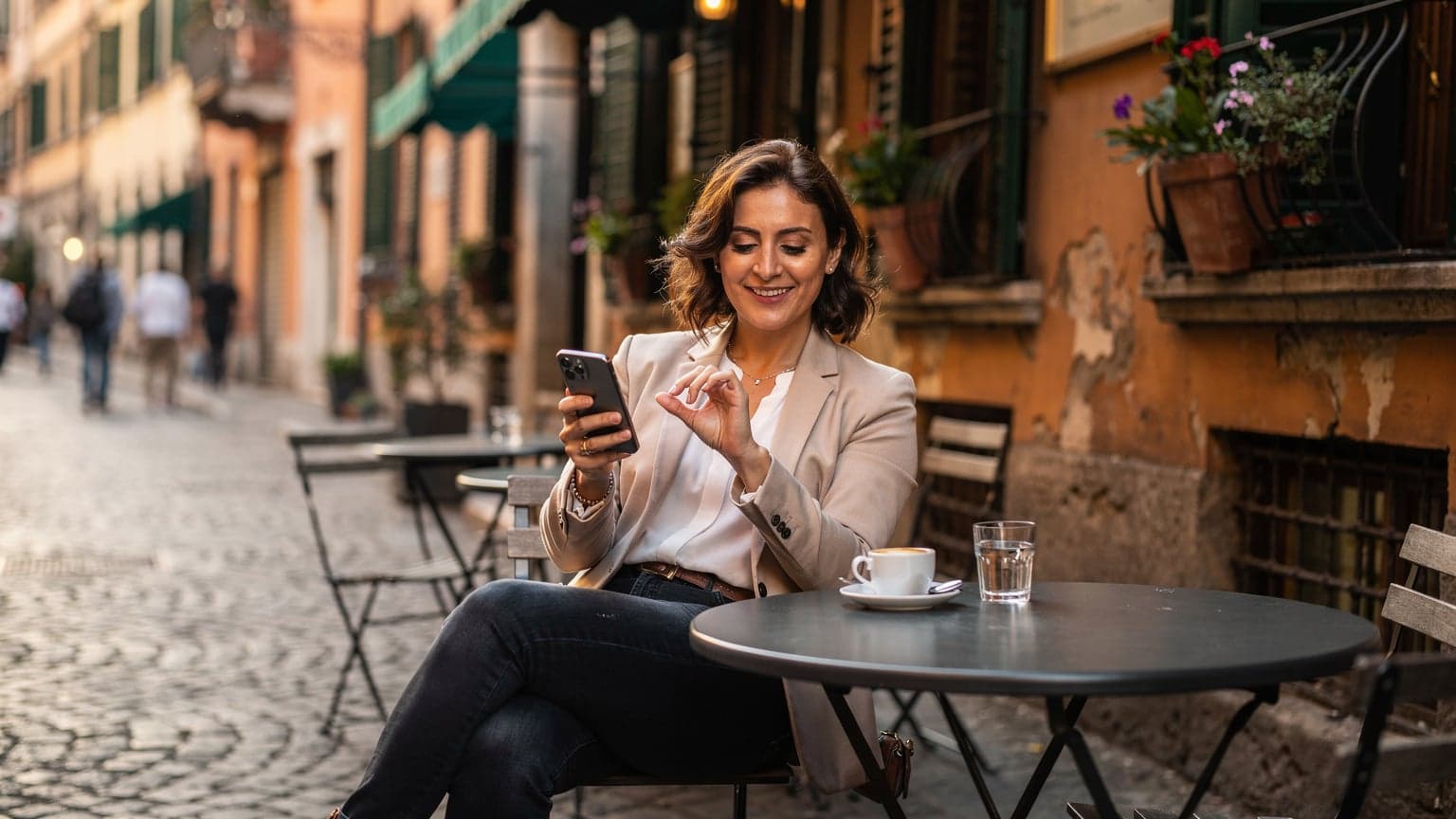 Una donna seduta al tavolino di un caffè storico nel quartiere Brera di Milano, controlla il suo smartphone con un'espressione soddisfatta, avendo appena attivato la sua eSIM per un viaggio.
