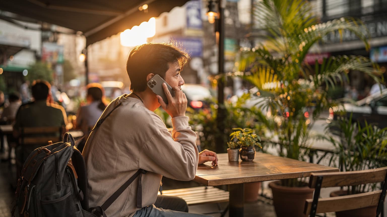 バンコクのシーロム地区にあるカフェで、スマートフォンを手にLINE電話をかける日本人旅行者。