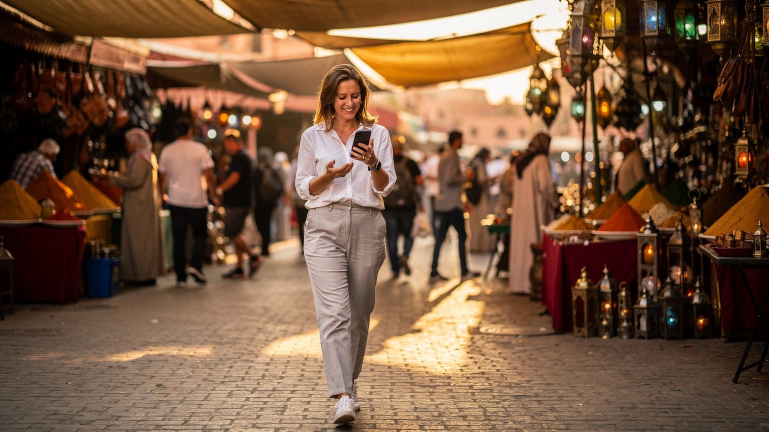 A woman confidently navigating a bustling street market in Marrakech, Morocco, while checking her phone for directions, with vibrant spices and textiles in the background.
