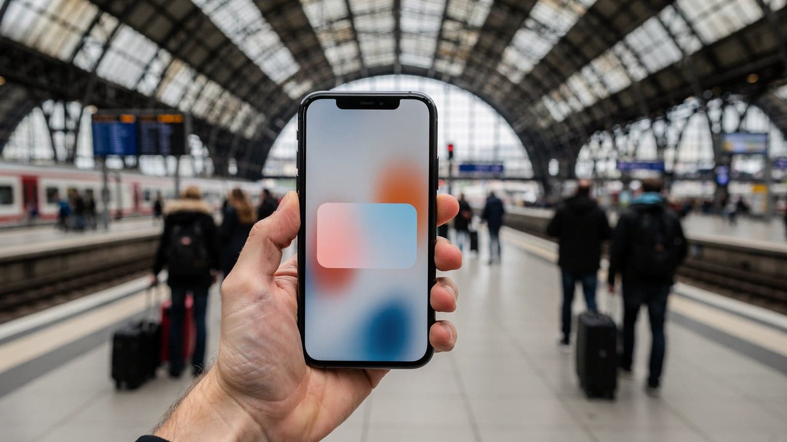 Eine Hand hält ein iPhone 11 mit einer eSIM-Profil-Aktivierungsseite, während im Hintergrund ein belebter Frankfurter Hauptbahnhof zur Rushhour zu sehen ist.