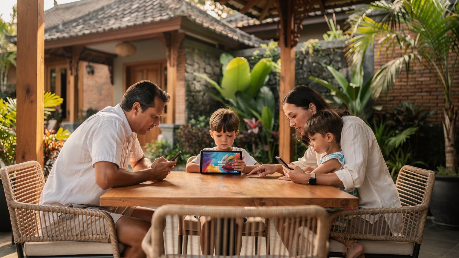 A family of four, two parents and two children, sitting at a cafe table in Canggu, Bali, looking at their phones and a tablet, with lush greenery in the background.