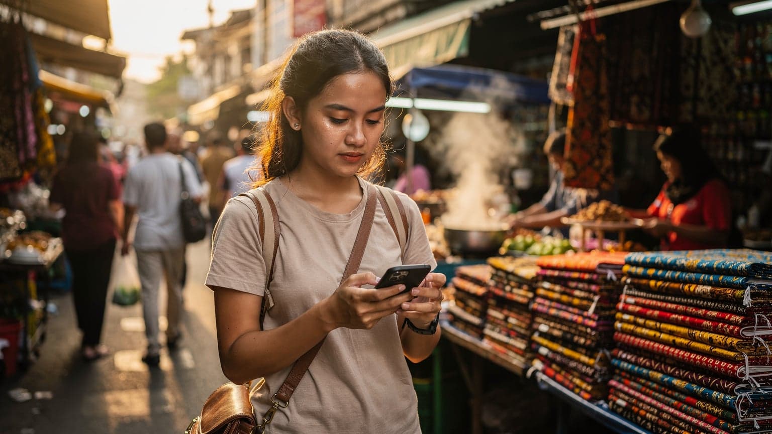 En reisende kvinne sjekker telefonen sin for eSIM-installasjon på en travel gate i Tanah Abang, Jakarta, med tradisjonelle batikkselgere i bakgrunnen og byens pulserende liv rundt henne.