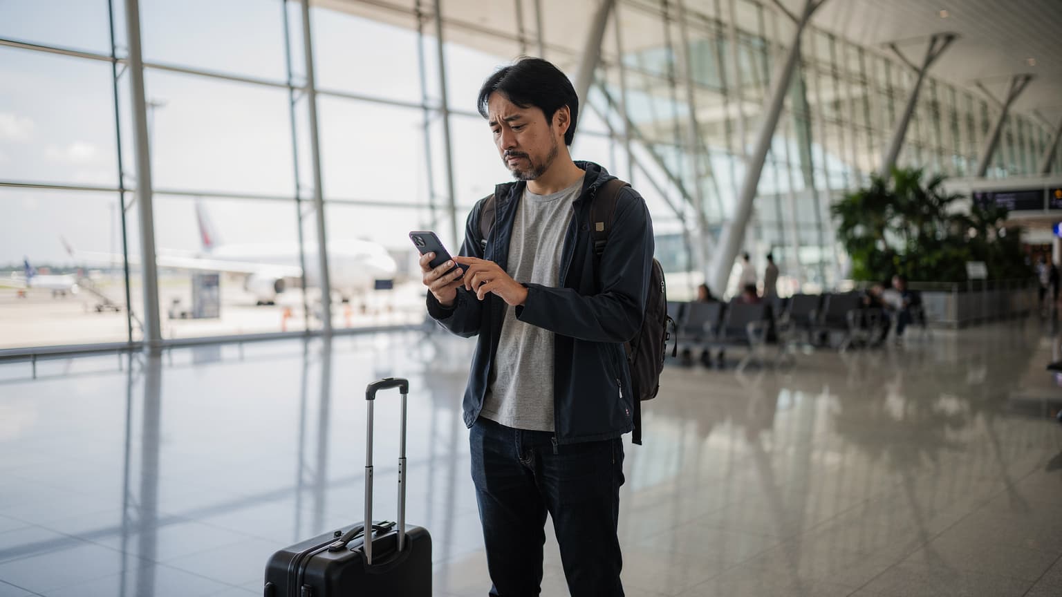 シンガポールのチャンギ空港の出発ロビーで、スマートフォンを操作している旅行者の男性が、搭乗ゲートの表示を背景に立っている。
