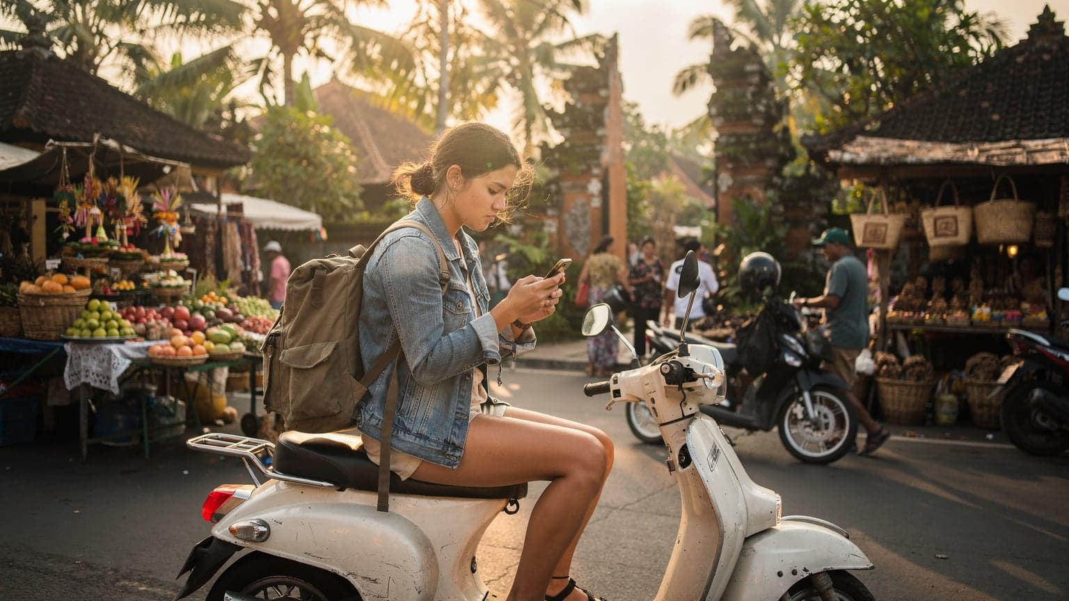 A backpacker sits on a scooter in a bustling street market in Ubud, Bali, checking their phone for directions with a concerned expression, surrounded by vibrant fruit stalls and local vendors.