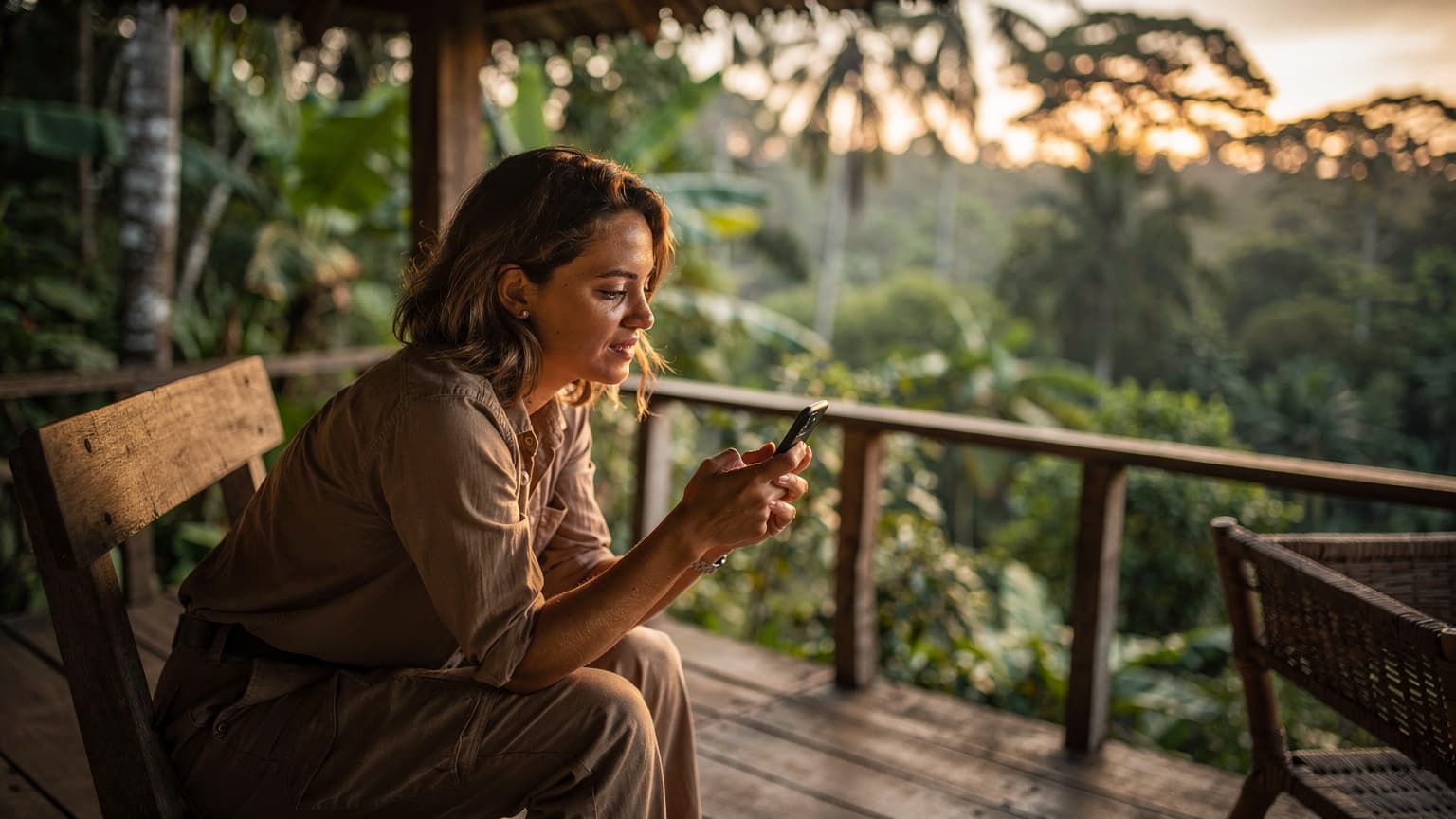Een reiziger bekijkt de mobiele ontvangst op haar smartphone terwijl ze op een houten veranda zit met uitzicht op een weelderige groene Surinaamse jungle bij zonsondergang.