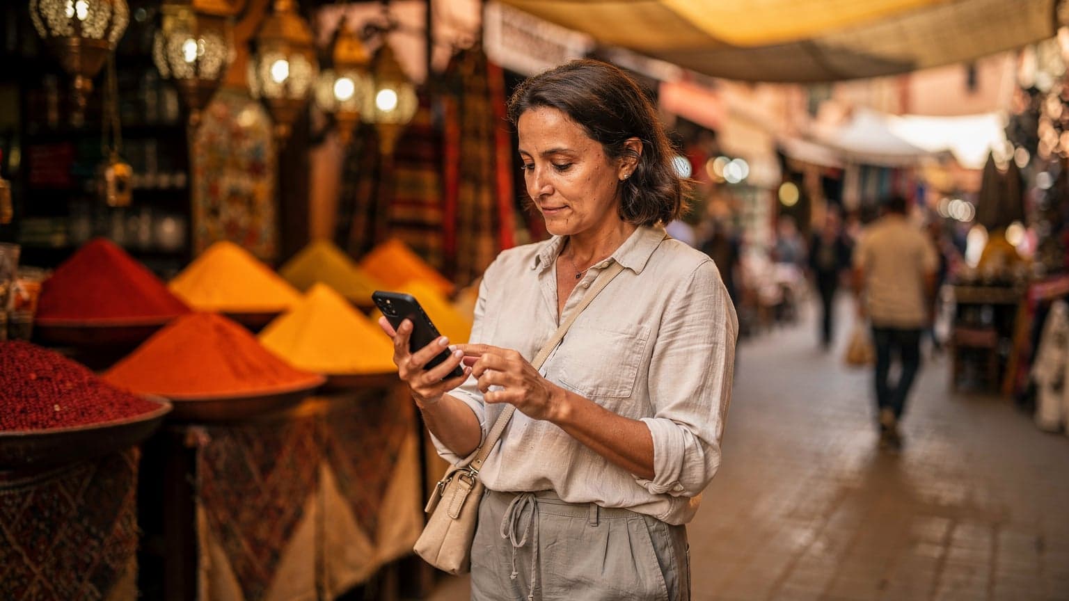 Une femme utilisant son smartphone avec l'application Google Traduction ouverte dans un souk animé de Marrakech, un étal d'épices colorées en arrière-plan.