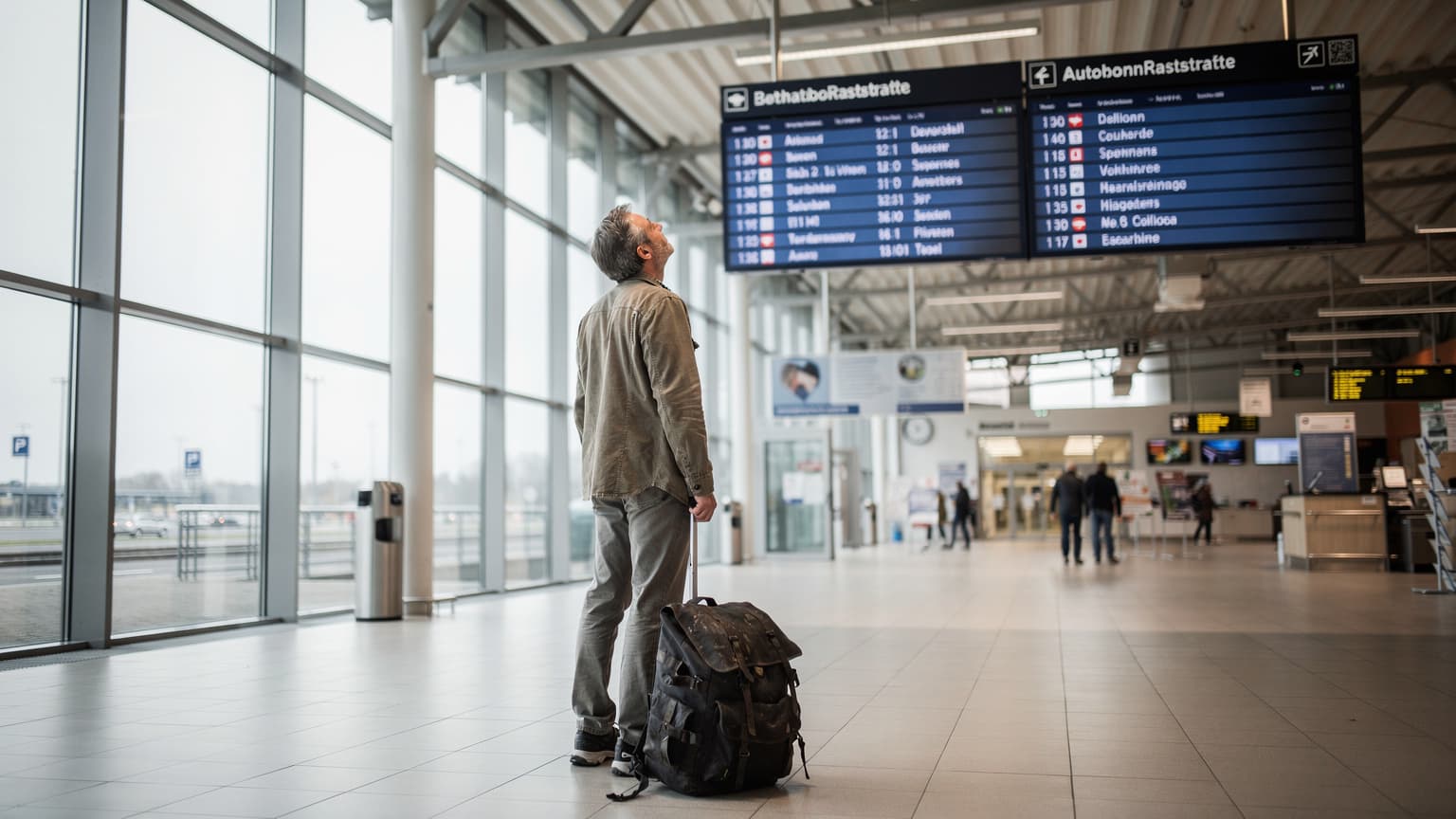 Ein Reisender mit Gepäck liest eine Ankunftstafel in einer modernen Autobahnraststätte in Deutschland an einem bedeckten Morgen.