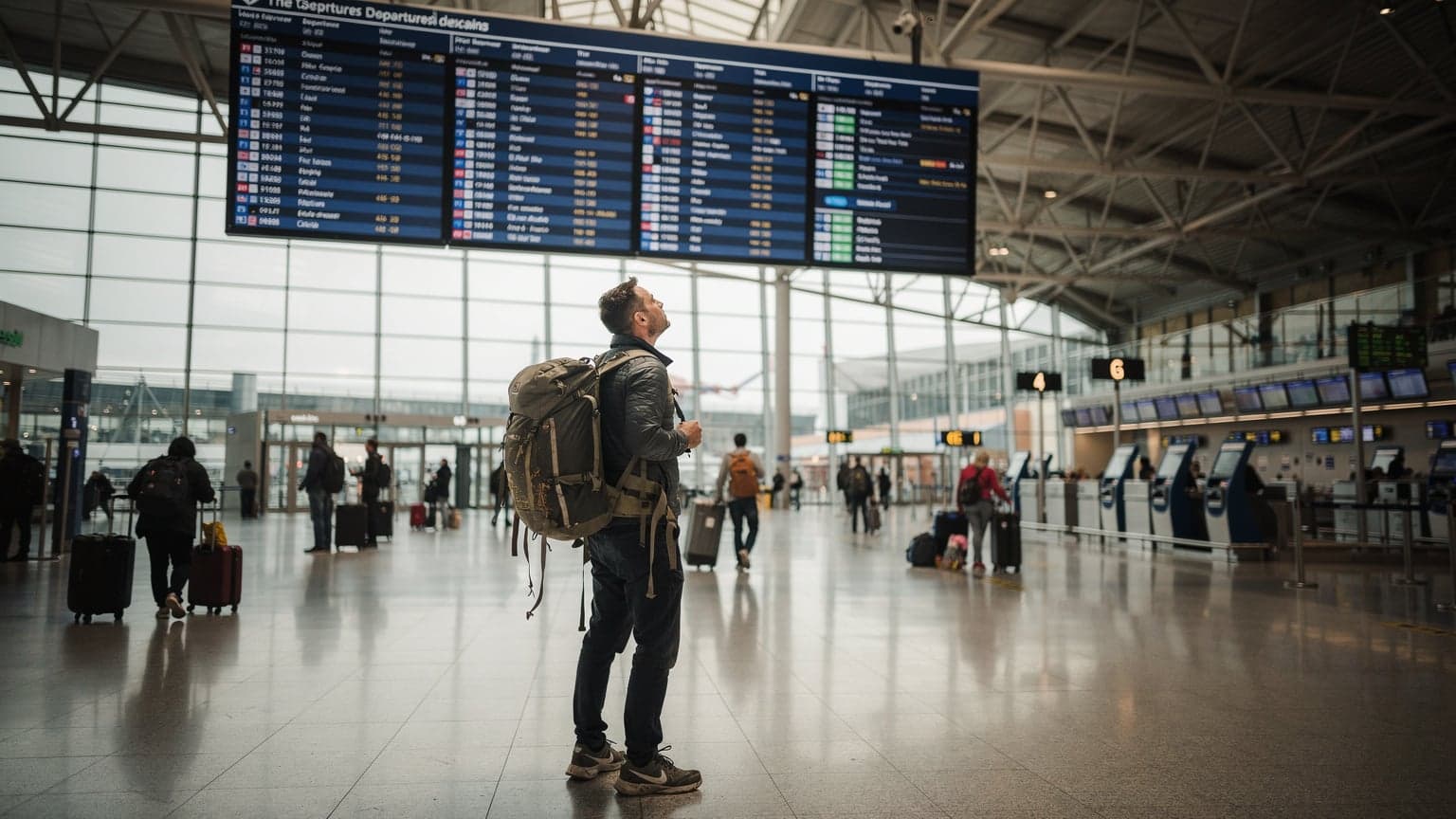 A weary traveler with a large backpack checks an overhead departure board for a flight to Southeast Asia at London Heathrow Terminal 2, surrounded by other passengers.
