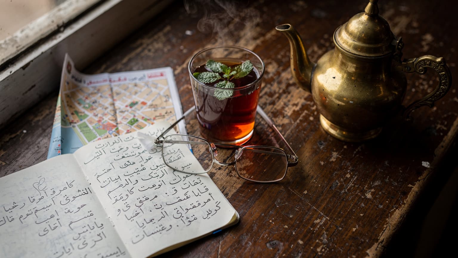 Zátiší na stole v kavárně poblíž nádraží v Káhiře s čajem, arabským zápisníkem a turistickou mapou, měkké ranní světlo