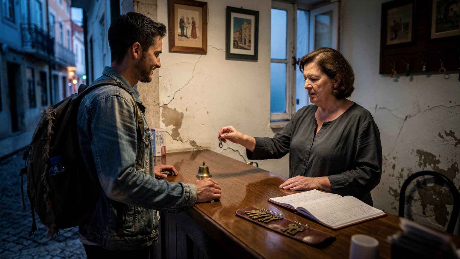 Mochileiro no balcão de uma pensão na Mouraria, Lisboa, com chaves e papelada, luz fria da manhã entrando pela janela