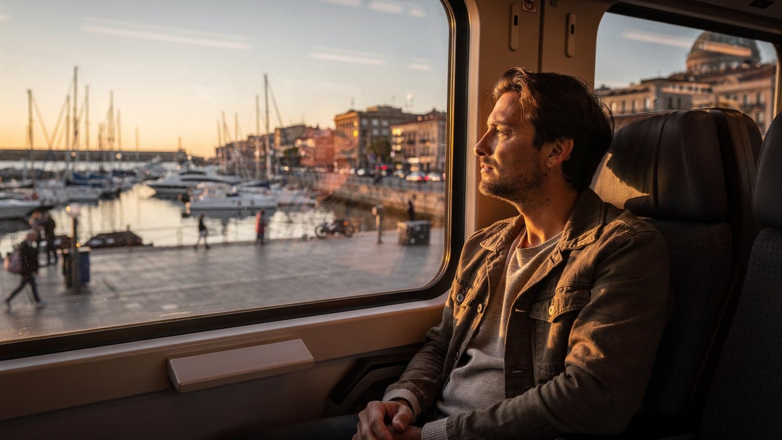 A traveller watches the sun set over a harbour from a train window, their carry-on bag resting on the seat beside them.