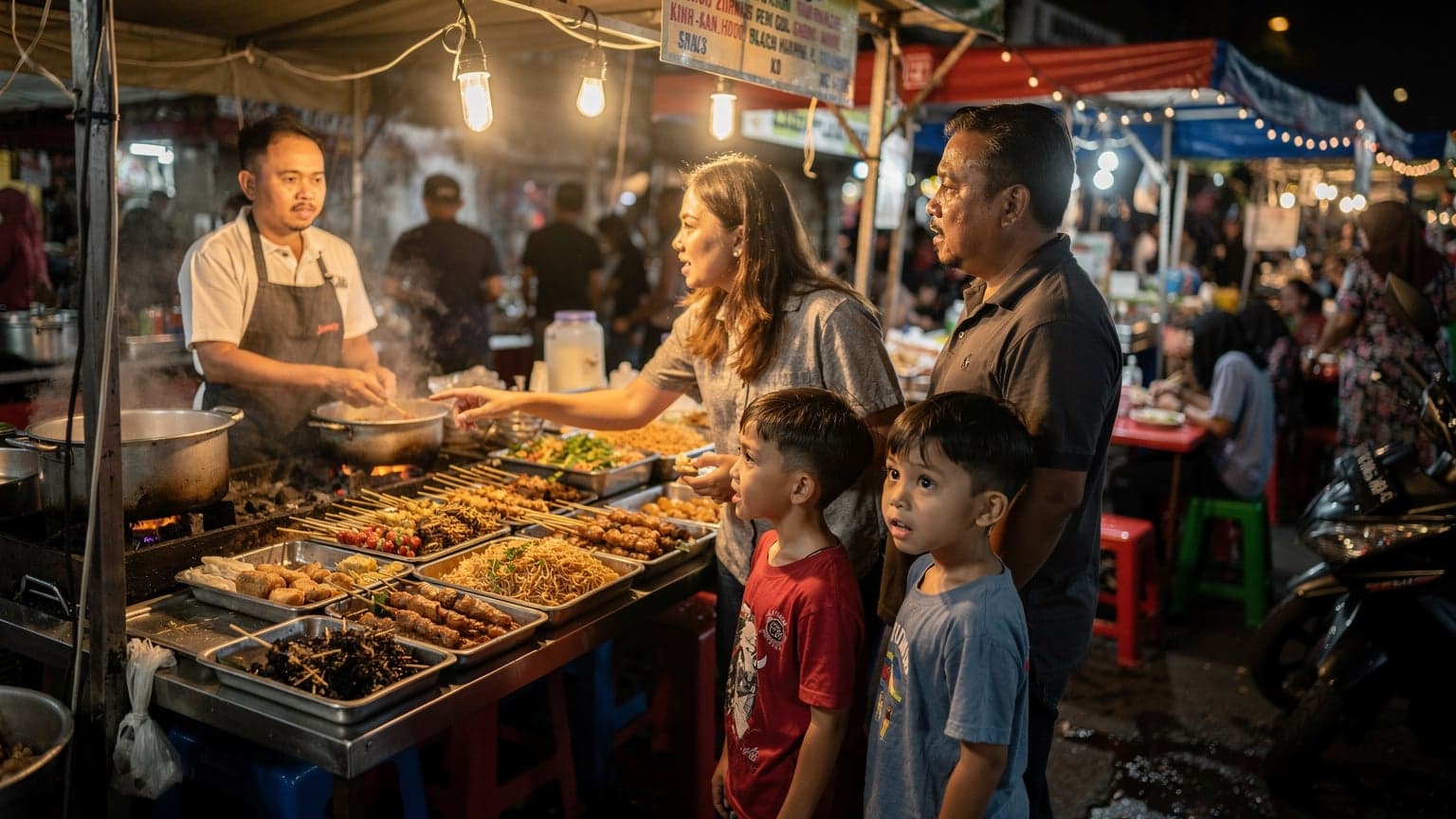 A bustling street food market in Jakarta at night, illuminated by glowing lanterns and food stalls, with families enjoying meals and vendors preparing dishes.