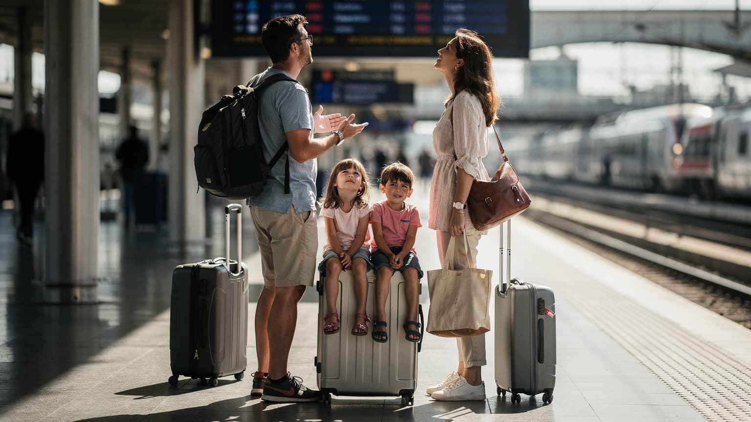 Famille avec bagages sur un quai de gare à Lyon Part-Dieu, lumière dure de midi, ambiance voyage