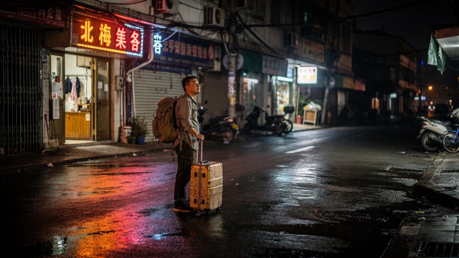 En resenär med ryggsäck väntar på en nattbuss på en bakgata i Guangzhou, neonskyltar lyser i regnet