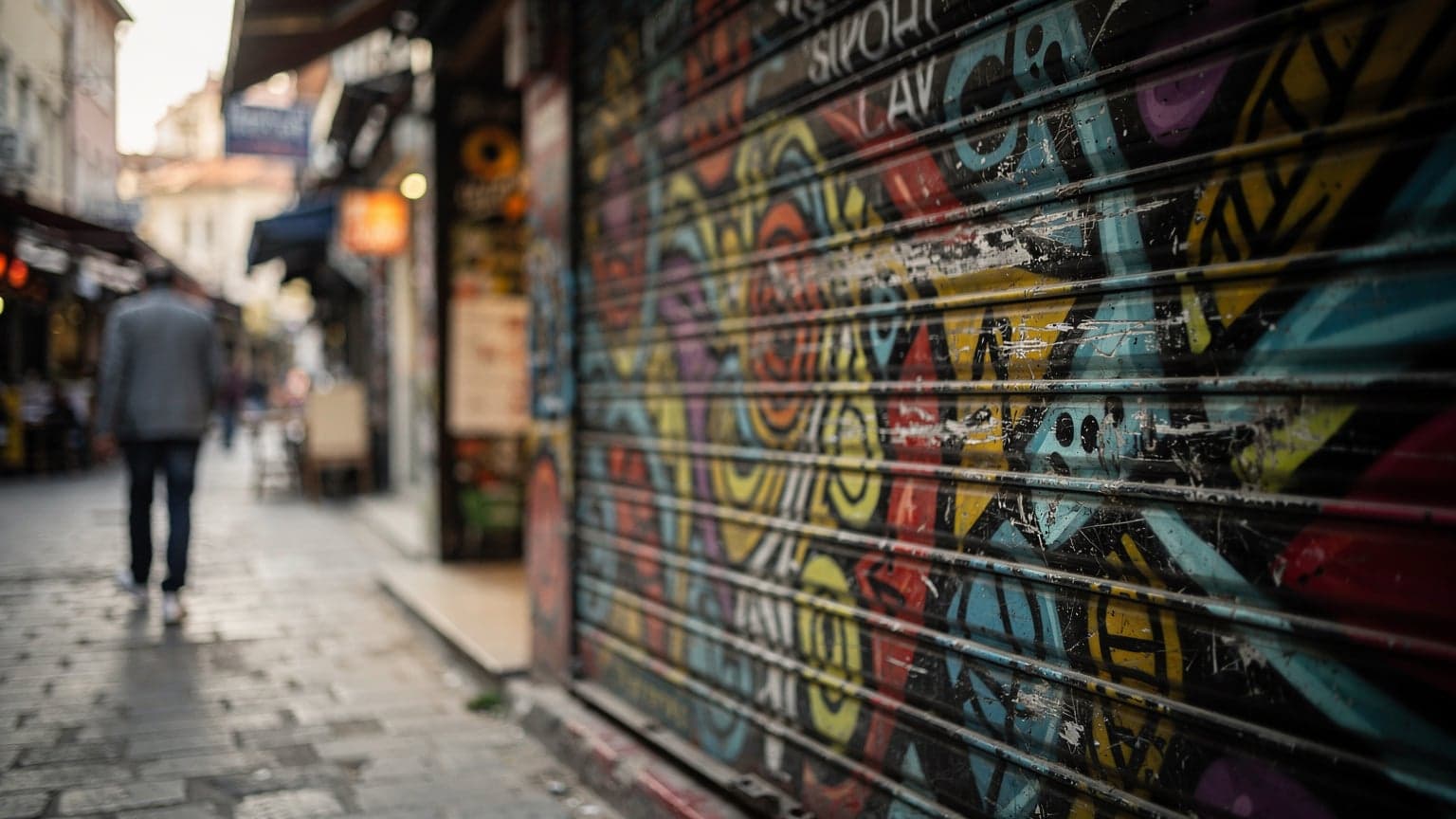 İstanbul Kadıköy çarşısında, sabahın erken saatlerinde kapalı bir dükkanın kepenklerindeki grafiti detayını gösteren bir sokak fotoğrafı.