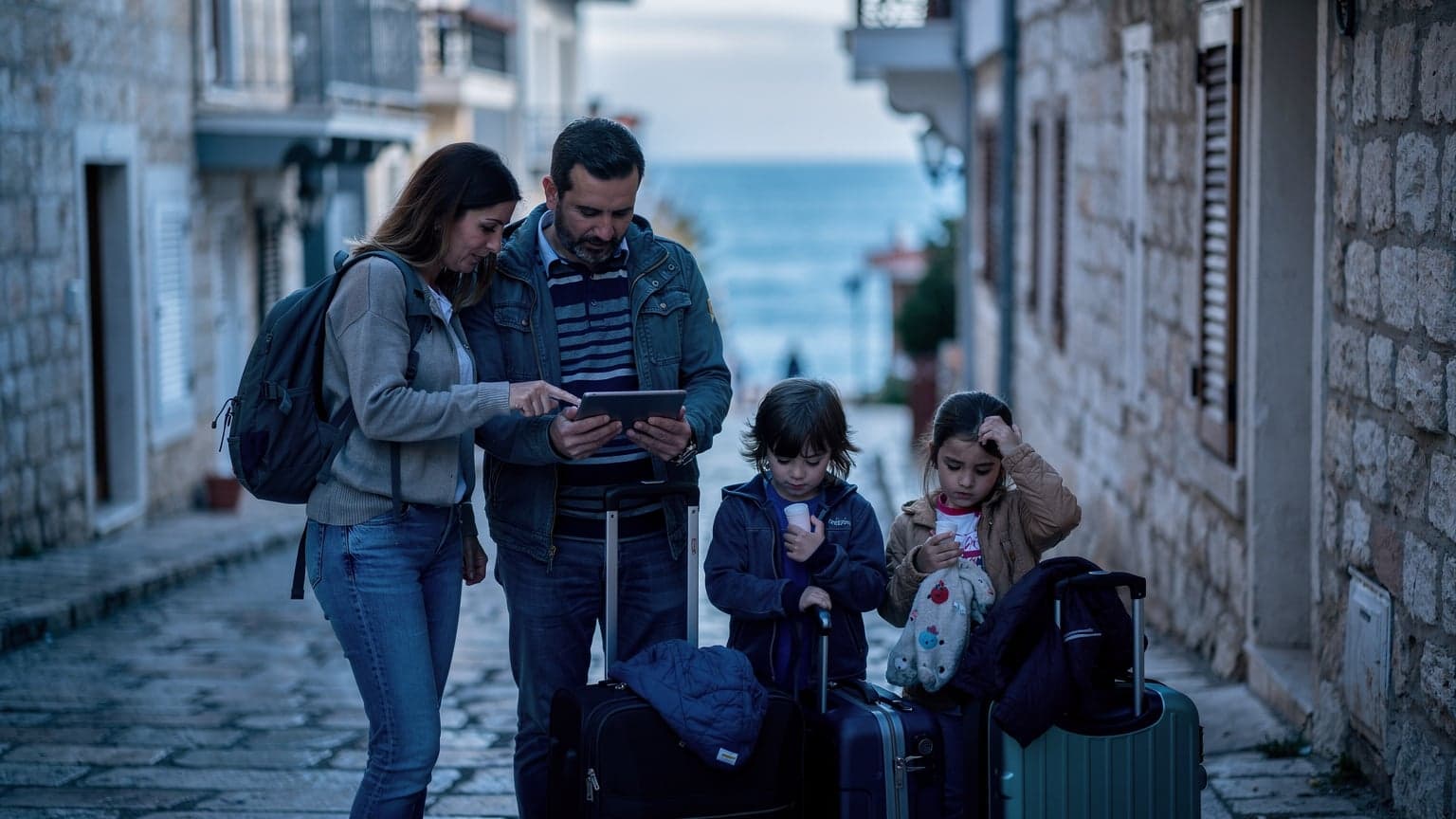 Antalya'da bir sahil kasabasında, sabahın erken saatlerinde, iki çocuklu bir aile, hafif mavi ışık altında bavullarını ve sırt çantalarını düzenliyor. Anne, babanın elindeki küçük bir tableti işaret ederken, çocuklar hala uykulu gözlerle eşyalarına bakıyor.