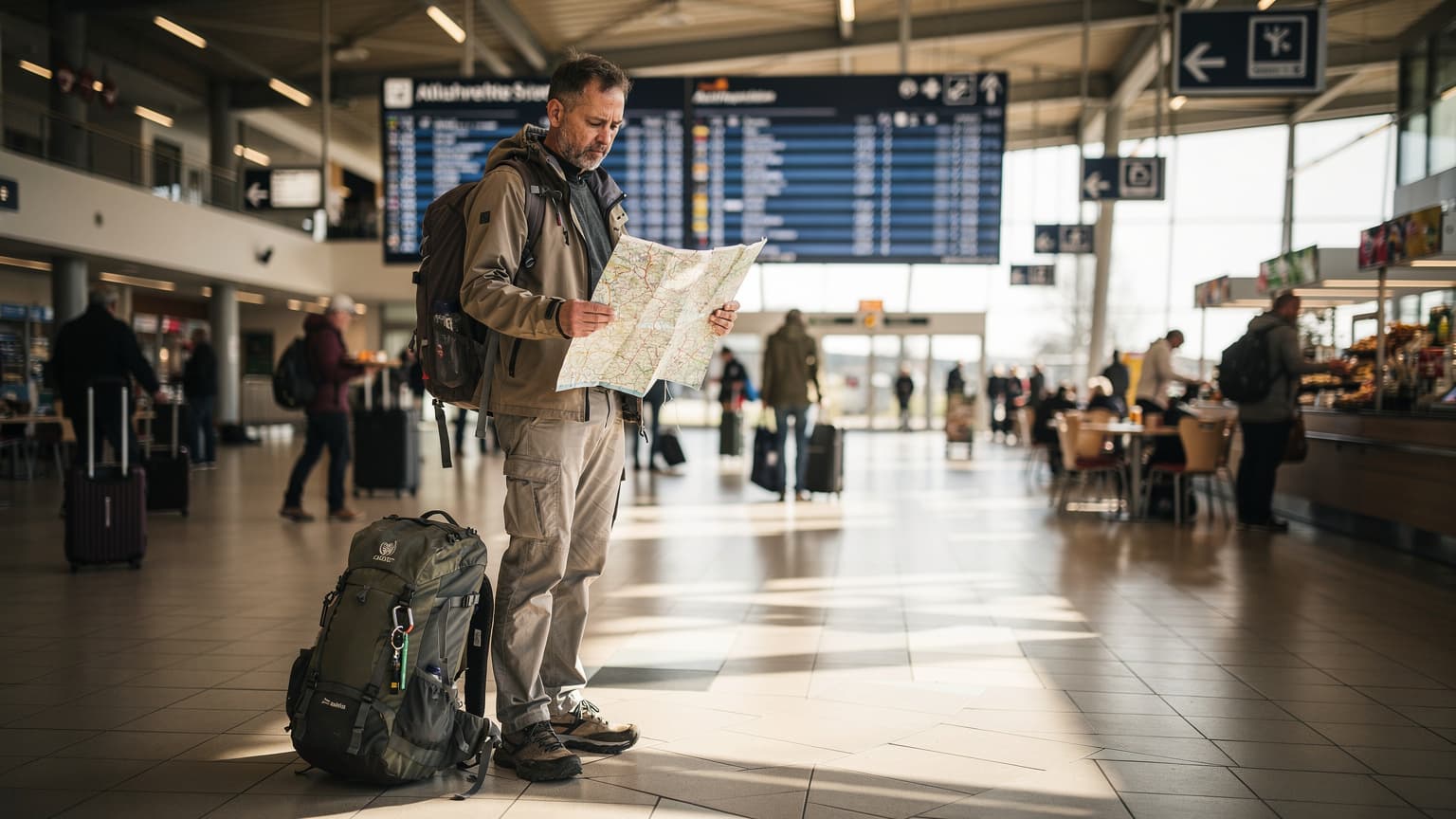 Ein Reisender mit Rucksack und einer alten, zerlesenen Straßenkarte in der Hand, steht an einer Autobahnraststätte in Süddeutschland und blickt nachdenklich auf eine große, beleuchtete Anzeigetafel mit Abfahrtszeiten und Entfernungen zu Städten, während sein Gepäck zu seinen Füßen liegt.