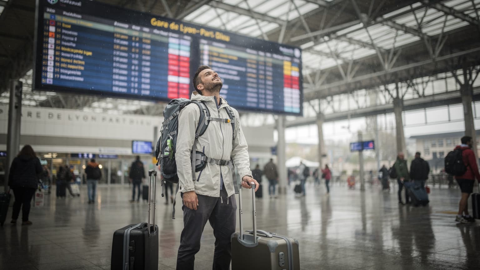 Voyageur avec bagages lisant le tableau des départs à la gare de Lyon Part-Dieu sous une lumière grise de fin d'été