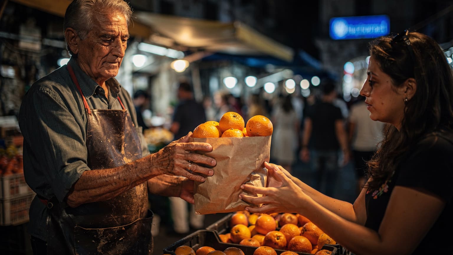Vendedor de mercado em Palermo entrega laranjas a uma cliente, noite com luzes de néon e multidão desfocada ao fundo