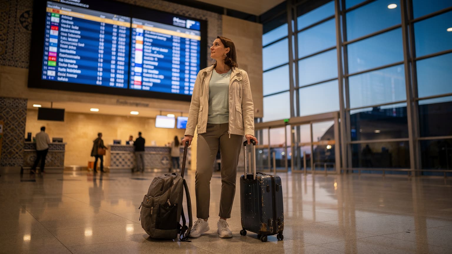 A lone traveler stands in the arrival hall of the Lisbon Portela Airport, looking up at a departures board with a soft blue hour light filtering in, luggage resting at their feet.