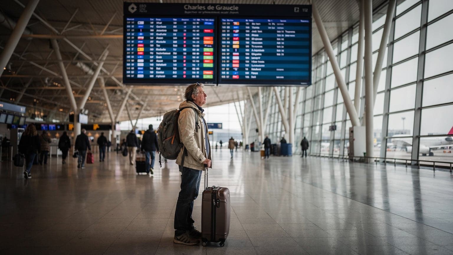 A traveler, wearing a slightly worn backpack, checks an overhead departures board in the bright, modern terminal of Charles de Gaulle Airport in Paris, with a subtle reflection of the rainy tarmac outside visible through the large windows.