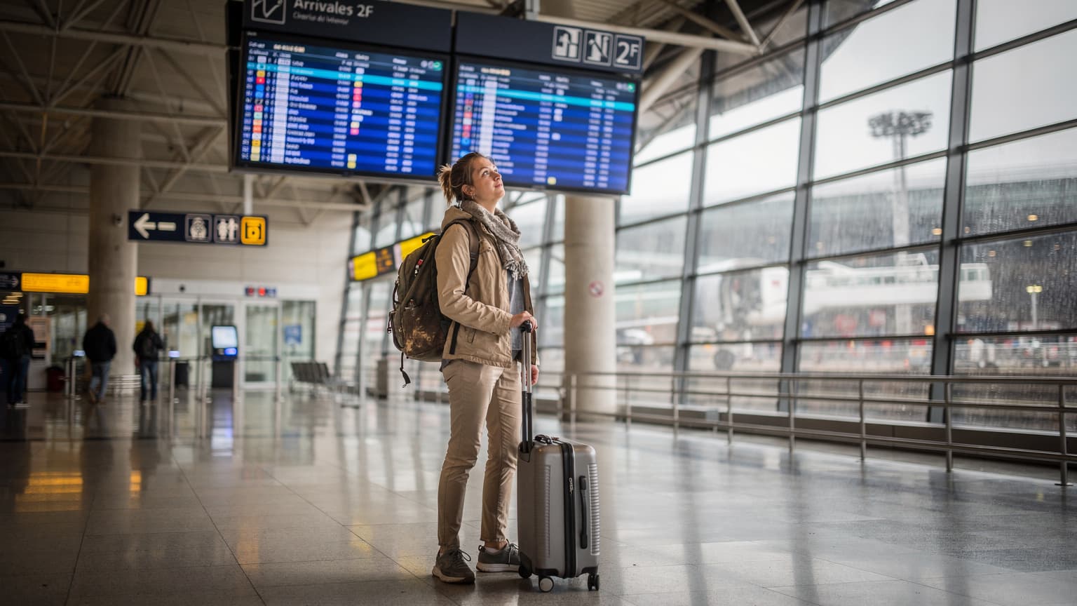 A weary traveler with a backpack and roller bag stands under an arrivals board at Charles de Gaulle Airport, looking up at the flight information with a slight frown, the terminal's modern architecture visible.