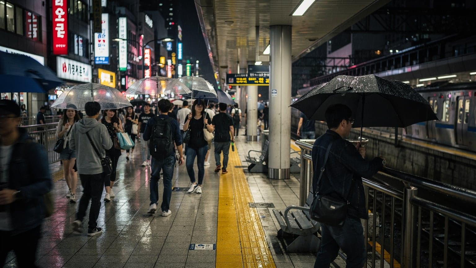 Pemandangan malam stesen kereta api bawah tanah di Seoul, Korea Selatan, dengan orang ramai berjalan di platform yang basah selepas hujan, lampu neon kedai bersinar terang di latar belakang.