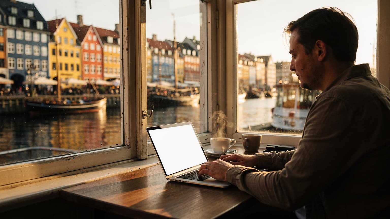 En person sidder ved et bord med en laptop og en kop kaffe foran et vindue med udsigt over Nyhavn i København i eftermiddagslys