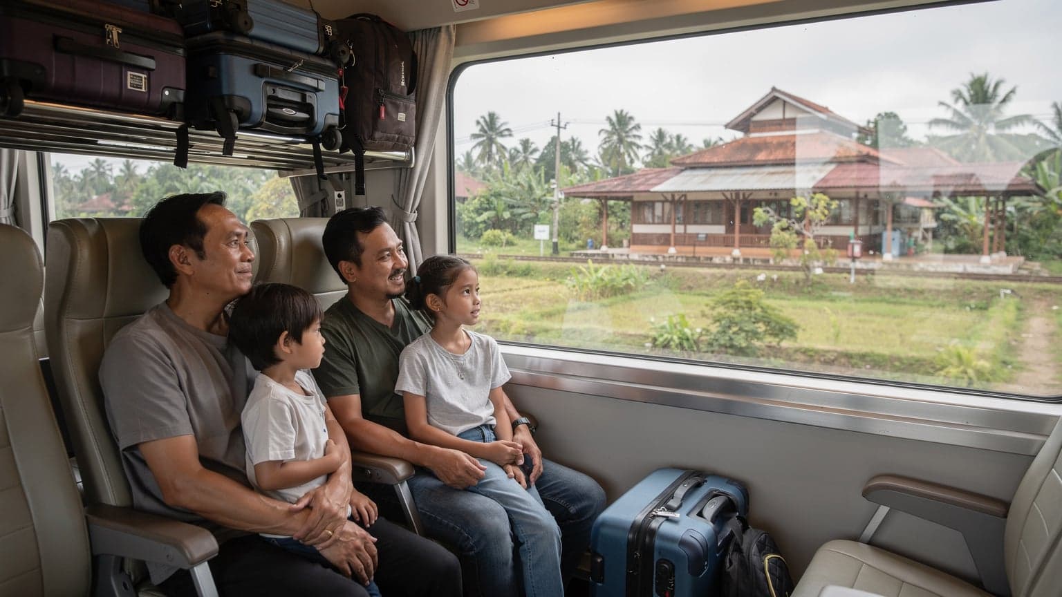 A family of four, two adults and two children (ages 8 and 11), looking out a train window at a lush green landscape in rural Indonesia during a soft overcast morning. Their travel bags are stacked neatly on the seat next to them, reflecting slightly in the glass.