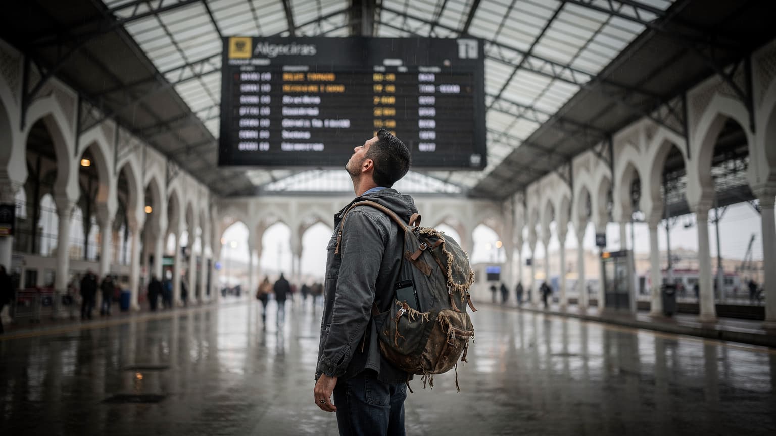 Viajero con mochila leyendo el panel de llegadas y salidas en una estación de tren andaluza bajo la lluvia, con el equipaje a sus pies.