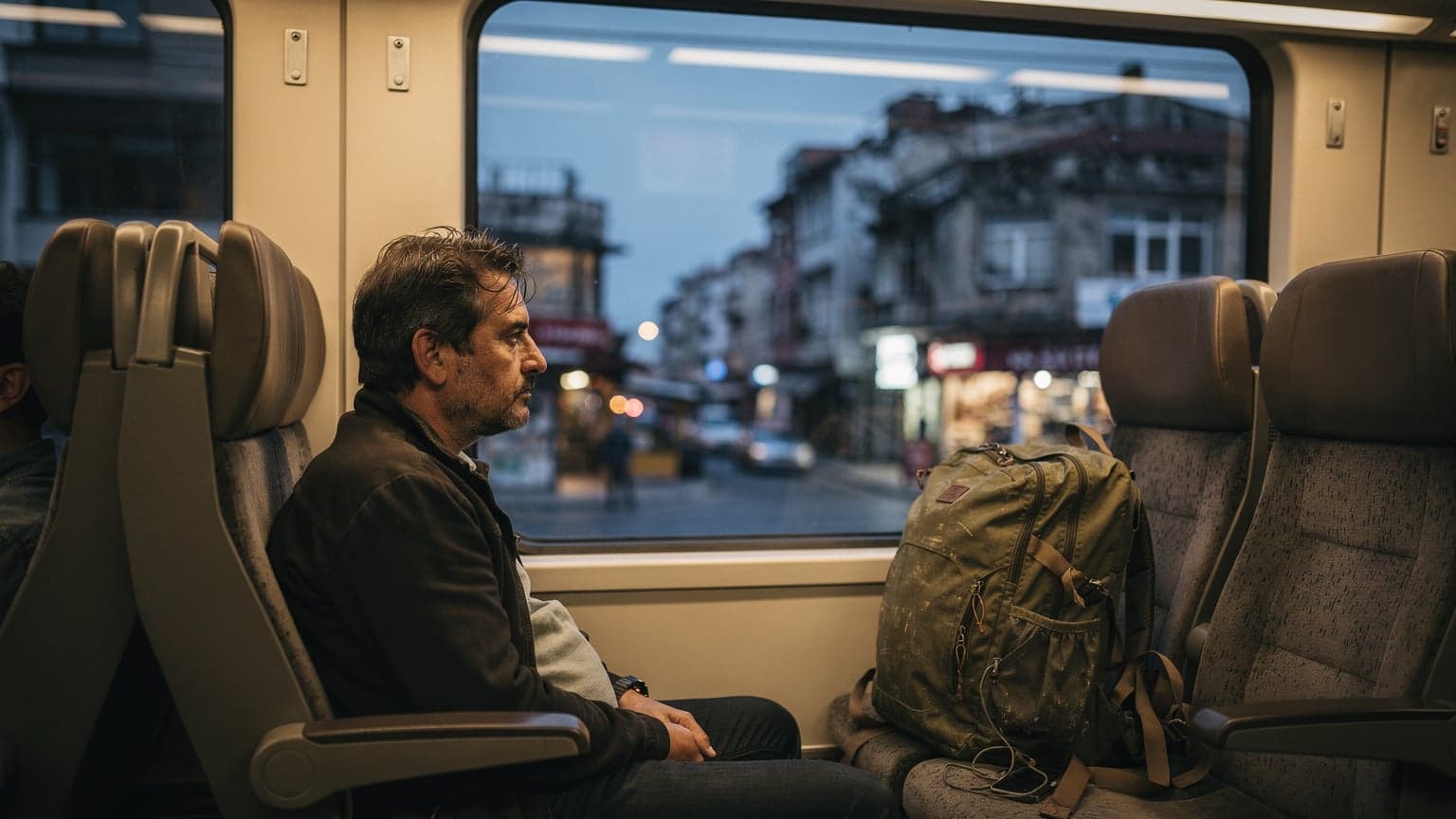 Kadıköy çarşısı yakınlarındaki bir tren veya otobüs penceresinden dışarıyı izleyen, yanında çantası duran bir yolcu, mavi saatte gün batımından hemen sonra.