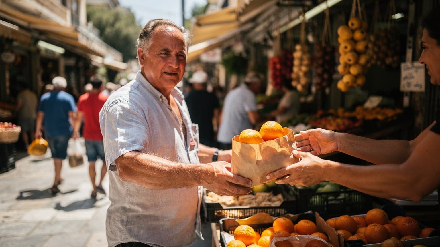 Πλανόδιος πωλητής σε πάγκο λαϊκής αγοράς στην Αθήνα δίνει προϊόν σε πελάτη, με έντονο μεσημεριανό φως και θολό πλήθος στο βάθος