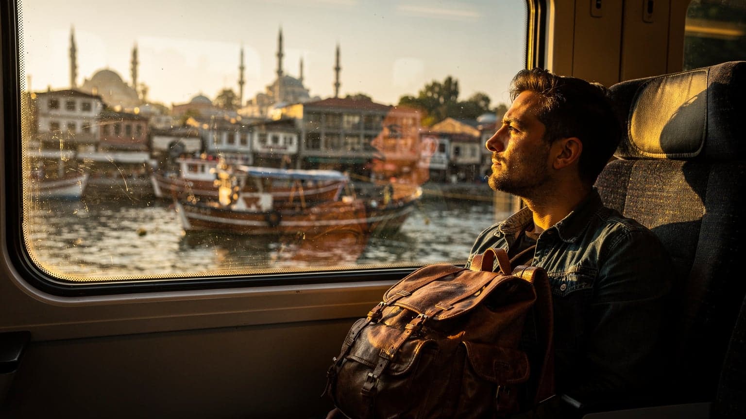 A traveler gazes out of a train window at a bustling harbor front in Istanbul during late afternoon, with warm light reflecting on the glass.