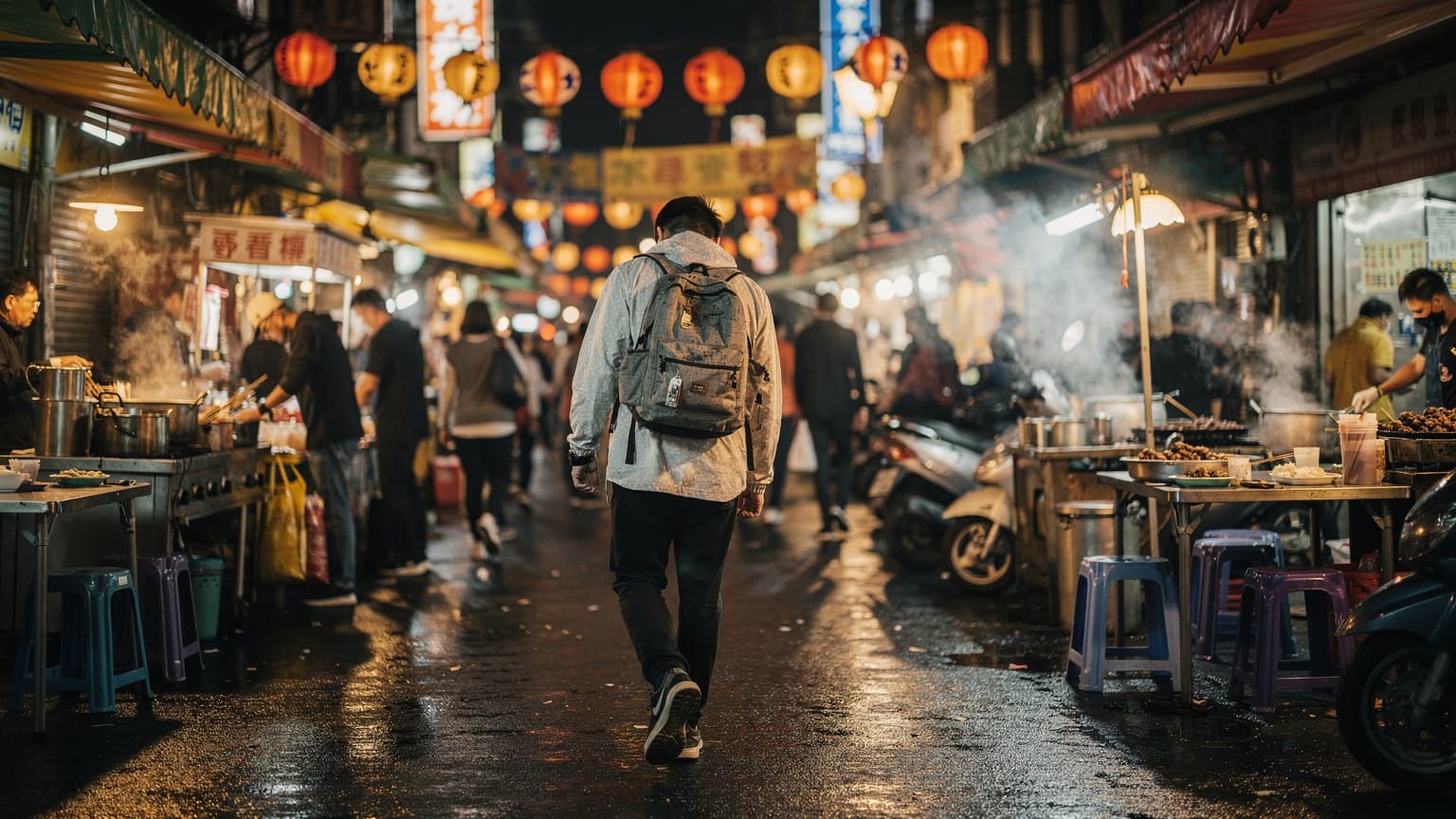 夜の台北、士林夜市のにぎやかな通りを歩く人々。屋台の明かりが石畳を照らし、活気あふれる雰囲気が伝わる。