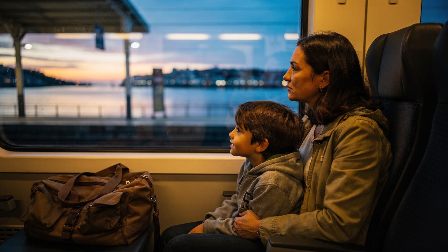 Mãe e filho a olhar pela janela de um comboio em Portugal, sacos no banco ao lado, luz azul do anoitecer na estação de Campanhã