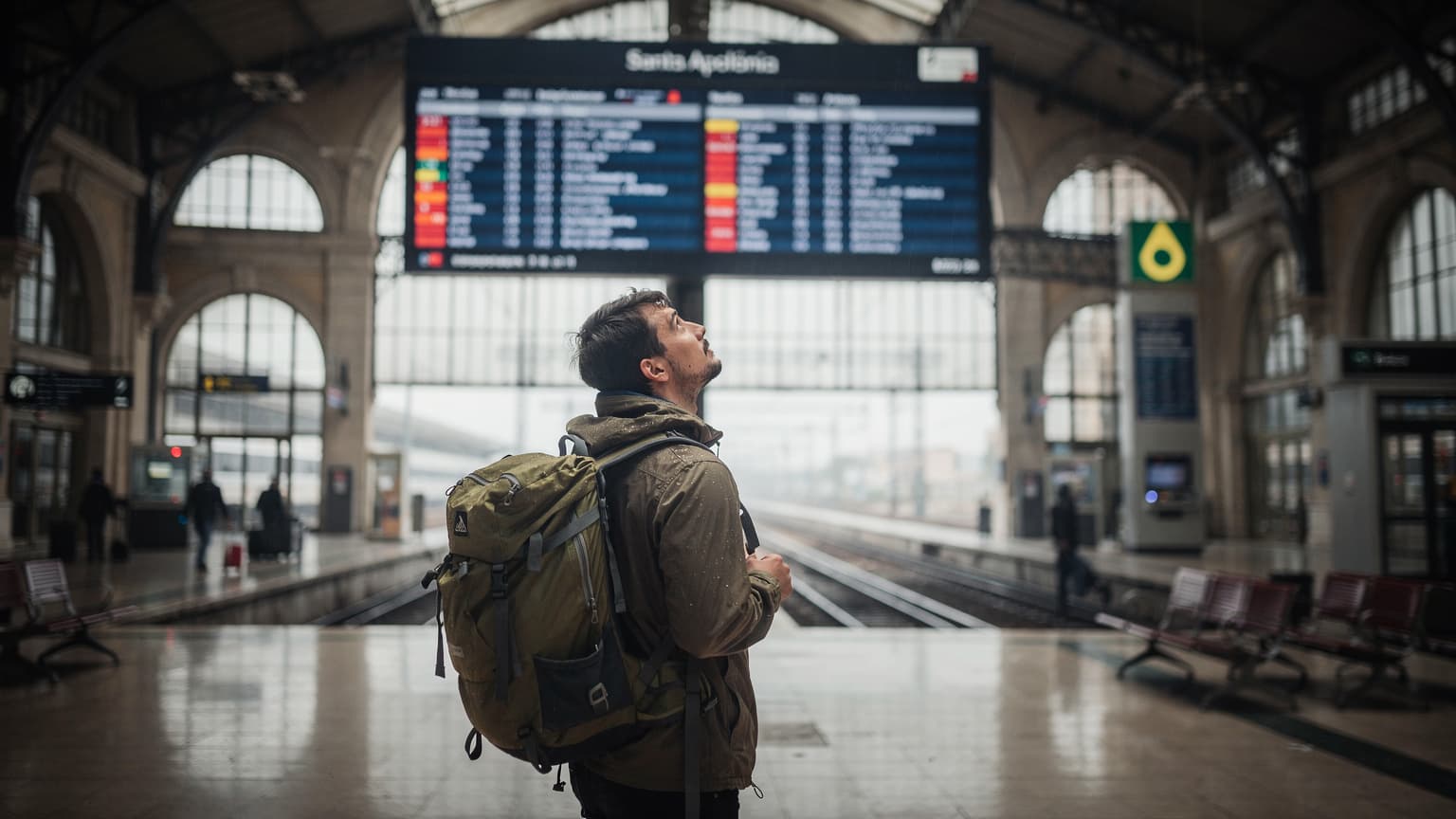 Viajante com mochila olhando para um painel de chegadas na estação de comboios de Santa Apolónia em Lisboa, com luz natural cinzenta de um dia chuvoso.