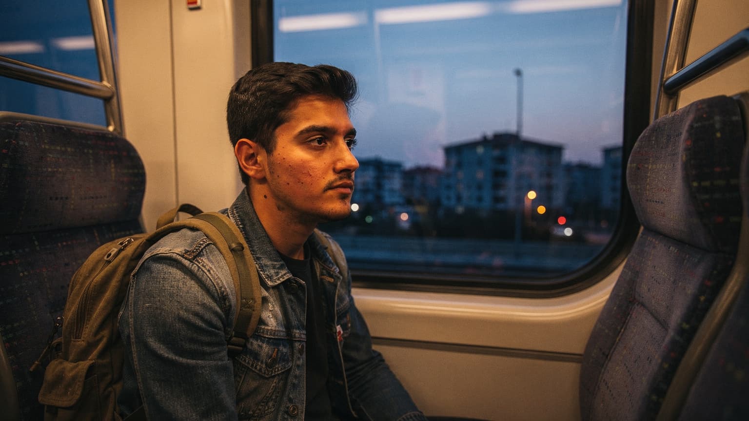 Tânăr cu rucsac privind pe geamul unui tren suburban în Istanbul, la ora albastră, în timp ce periferia orașului se scurge pe lângă el