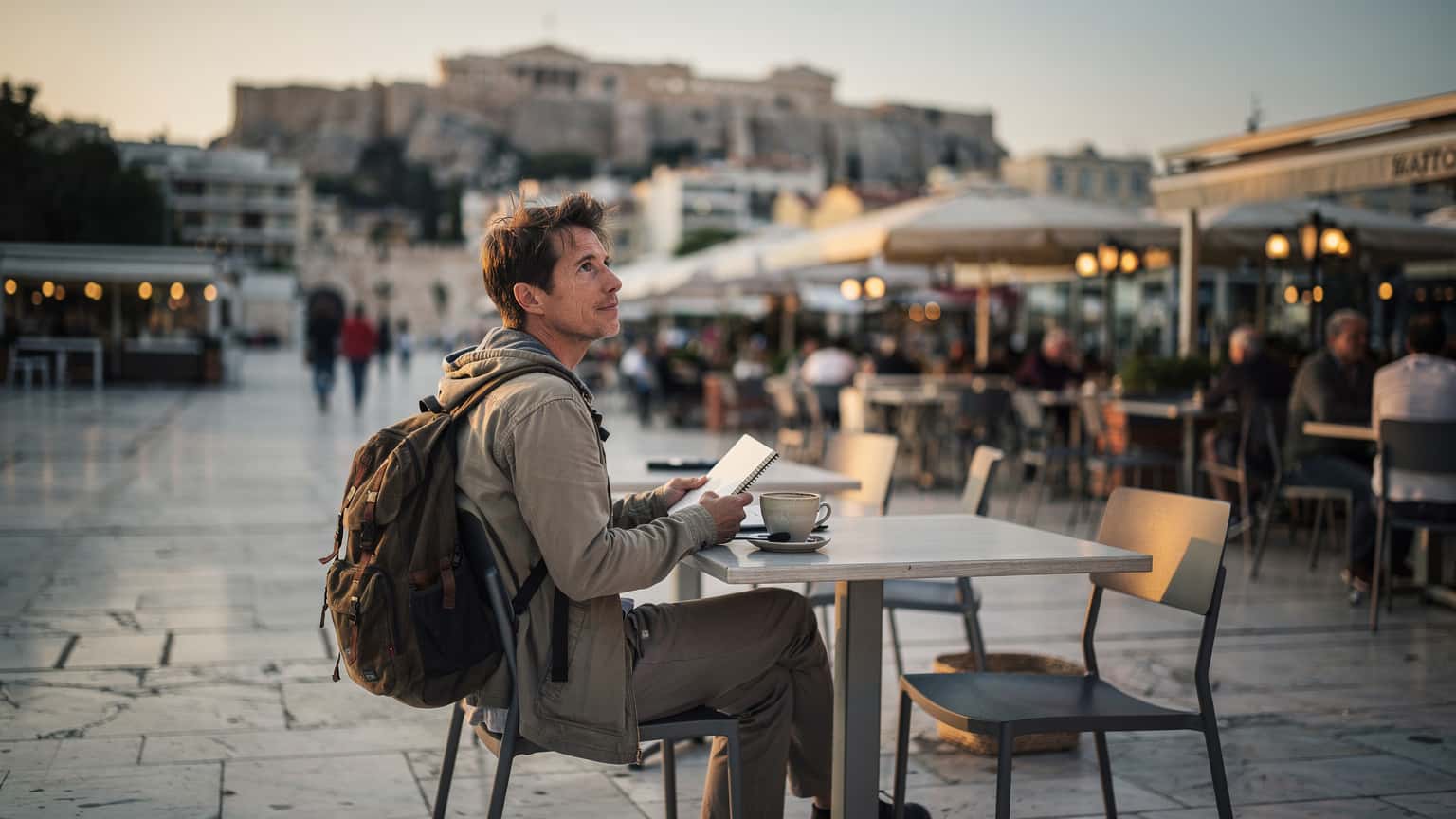 Piața Syntagma din Atena la apus, oameni traversând marmura albă, lumini calde de la cafenelele din jur
